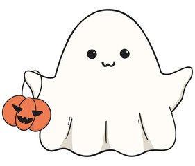 Kawaii happy ghost cartoon carrying pumpkin basket.Halloween ghost