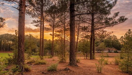 Obraz premium Sunset behind tall pine trees