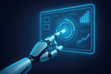 Robot hand interacting with a futuristic digital interface displaying data artificial intelligence technology