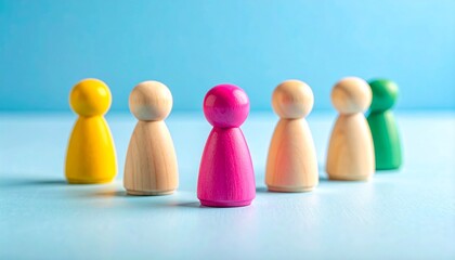 Colorful wooden figurines on light blue surface, symbolizing diversity and playfulness.