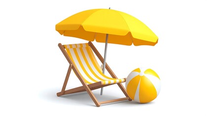Beach scene with umbrella, chair, and ball.