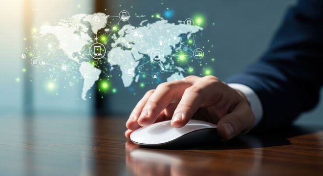 Businessperson interacts with global network overlay