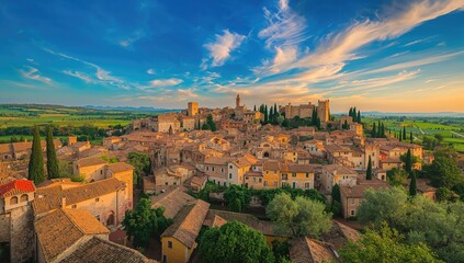 Obraz premium Stunning panorama of an ancient walled town at sunset with historic buildings and vibrant sky