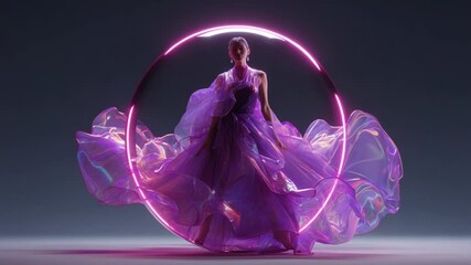 A stunning display of fashion and artistry as a model gracefully spins within a luminous circular frame, wearing an ethereal purple gown that flows elegantly, capturing the essence of movement and - Powered by Adobe