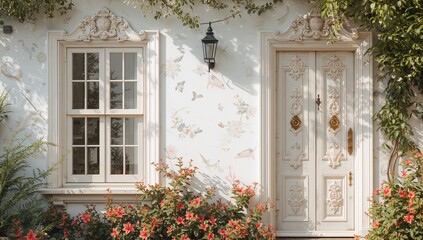 Charming windows and doors set against a pristine white facade with a nautical theme, featuring floral and vintage summer travel motifs in a home setting