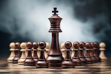 Dark wooden king chess piece is leading pawns on chessboard with dramatic lighting and smoke in background, concept of leadership and strategy