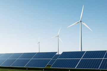 Solar panel array in the foreground with wind turbines in the distance under a blue sky solar panels
