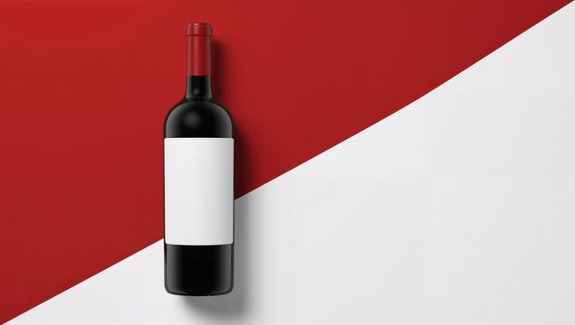 Bottle of red wine featuring a plain white label resting on a vibrant red and white geometric backdrop with ample space for text or branding. - Powered by Adobe