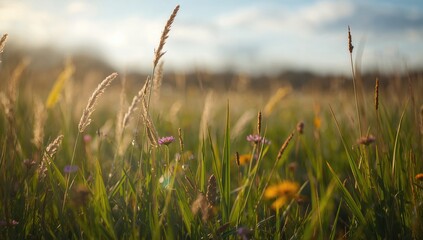 Fototapeta premium Springtime greenery in a sunlit field with bokeh effects