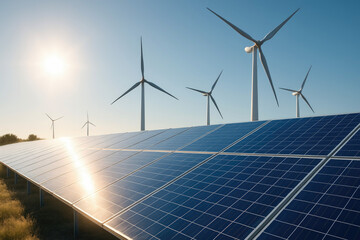 Solar panels and wind turbines with bright sun and lens flare renewable energy clean energy