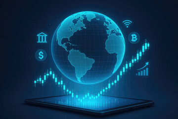 Tablet screen projecting a holographic earth with financial charts, bitcoin, and banking symbols hologram