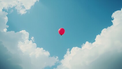 A lone crimson balloon ascending into the cloudy sky