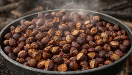 A big metal platter loaded with hot roasted chestnuts, their cracked shells showing golden insides, with steam rising to amplify the rich scent of this autumn treat