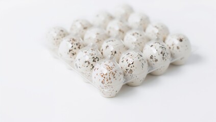 Packaged quail eggs displayed against a white background