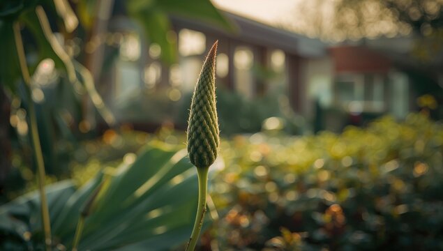 The Petiole's Tip Against a Garden and Structure Backdrop