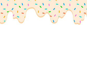 Seamless white chocolate drips background with colorful candy sprinkles. Cute hand-drawn dessert pattern for packaging, banners, backgrounds, and fun food designs.