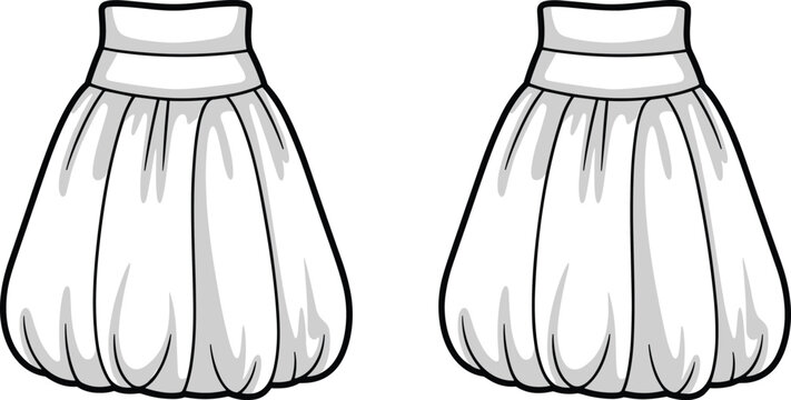 Elegant balloon skirt fashion flat sketch, women clothing vector template, gathered hem skirt technical drawing, stylish garment CAD illustration design