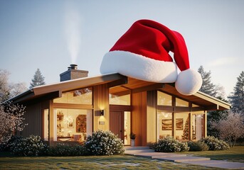 Fototapeta premium Warm wooden house in winter landscape wearing Santa hat on roof