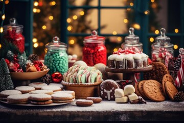 Naklejka premium Jars and plates full of christmas candy and cookies covering a rustic table with christmas tree lights in the background