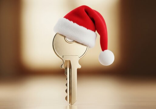 House key wearing Santa hat symbolizing Christmas home concept