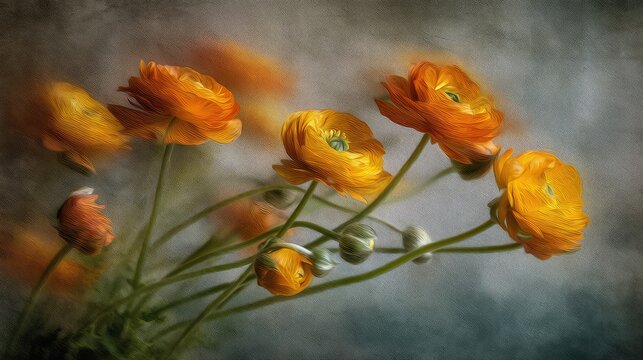 Blurry Impressionistic Photograph of Orange and Yellow Ranu Flowers in Gentle Motion with Soft Background