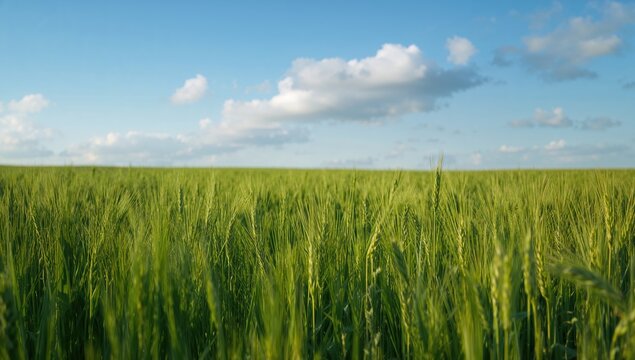 Summer wheat plantation. Lush green crops.