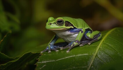 Obraz premium A slow-moving frog lounging on foliage, close-up of a tree frog perched on a branch