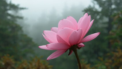 Fototapeta premium Delicate pink blossom amidst a foggy conifer woodland during the wet season