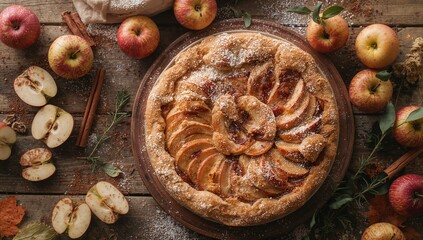 Flat lay of classic apple pie with its ingredients on a rustic wooden surface
