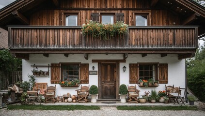 Fototapeta premium A delightful classic wooden home boasting a rustic balcony and inviting outdoor decorations. The ground floor showcases a white exterior adorned with potted greenery, wooden shelving, and antique