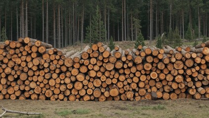 Fototapeta premium Stacks of freshly cut pine timber in a woodland area, illustrating forest clearing and wood extraction, natural background with textures and patterns of trees and environment