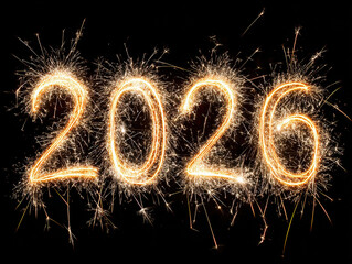 Image depicts a New Year 2026 celebration with large white numerals 2026 against a dark background The numbers are highlighted by bright sparklers, casting a warm glow and creating tex - AI-Generated