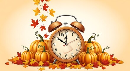 An alarm clock surrounded by pumpkins and falling autumn leaves, symbolizing the change of seasons and the passage of time