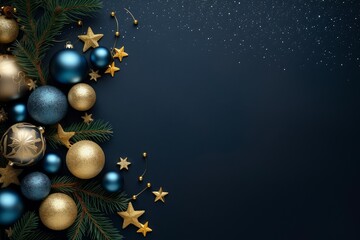 Fototapeta premium Christmas background with blue and gold ornaments and fir branches decorating a dark blue surface