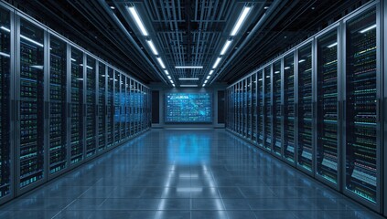 Digital illustration of a data center featuring processing and scanning technologies, representing worldwide business and digital connectivity.