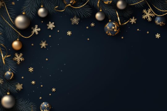 Festive christmas background featuring elegant black and gold ornaments, snowflakes, and pine branches, creating a luxurious holiday frame with copy space