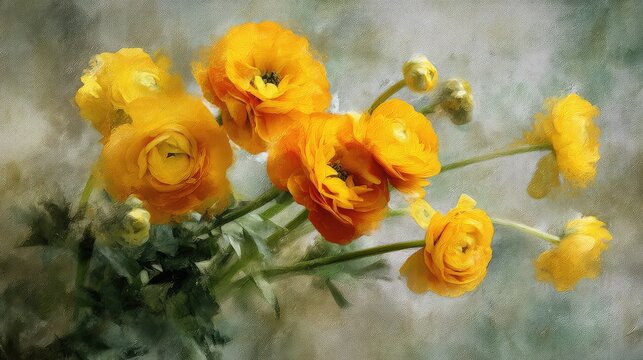 Blurry Impressionistic Photograph of Yellow and Orange Ranu Flowers with Soft Background and Artful Texture