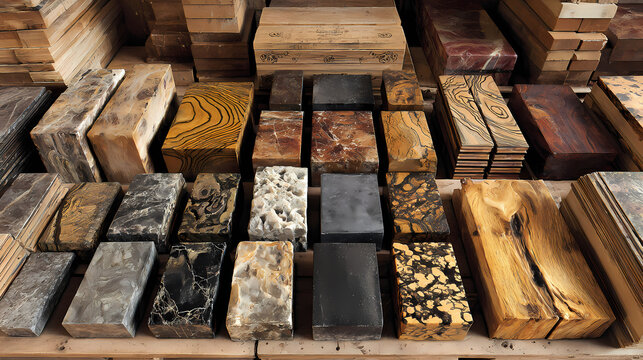 A collection of various wooden blocks with unique textures and colors displayed on shelves