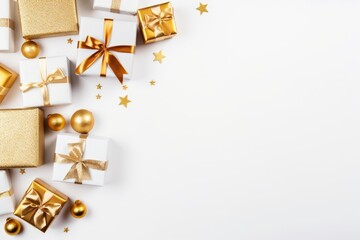 White and gold christmas gift boxes with ribbons and ornaments creating a festive border on white background with copy space