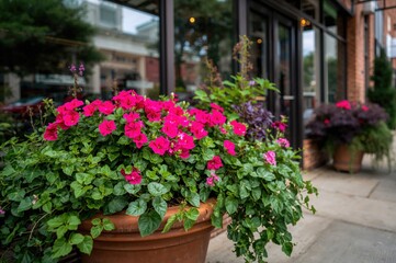 Fototapeta premium View from below of a flower display featuring geraniums and decorative foliage plants clustered in pots beside reflective glass near a building's entrance, highlighting gardening and decor themes
