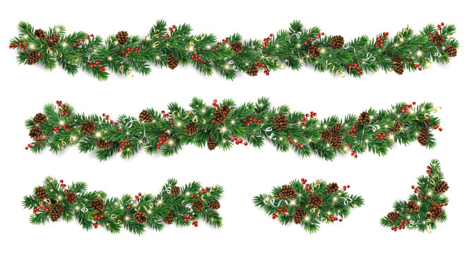 Christmas garlands and fir branches. Christmas decoration with pine cones, holly berries, glowing lights, ribbons. For holiday banners, cards, party posters. Transparent background in vector file.