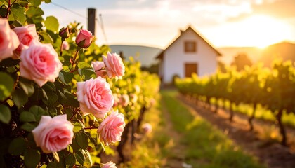 Pink roses in a vineyard at sunset