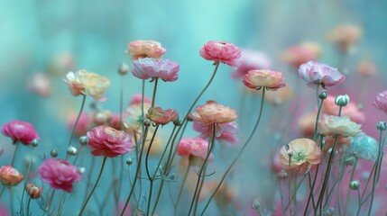 Blurred Watercolor Painting of Ranunculus Flowers in Soft Pastel Colors with a Dreamy Background