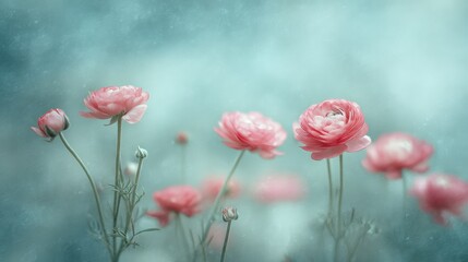 Fototapeta premium Delicate Blurred Watercolor Ranunculus Flowers Bathed in Soft Light for Elegant Decor and Artistic Inspiration