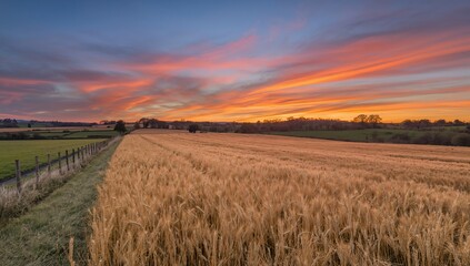 Sunset drama lighting up a vast golden barley field