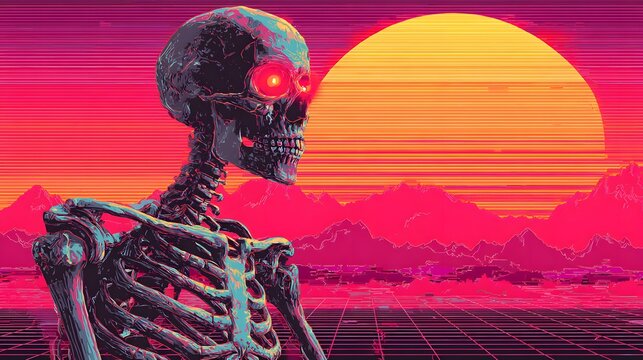 Human skeletal figure gazes into the distance against a glowing sunset horizon in a stylized landscape