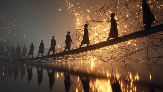 A Journey Through Shadows and Light: A Group of Figure Silhouettes Crossing an Ethereal Bridge of Glowing Structures Amidst a Dreamlike Landscape of Reflection and Sparkling Elements