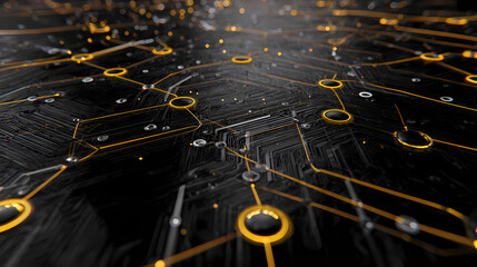 A close-up view of an intricate circuit board, showcasing its complex network of electronic components. The golden lines and circles create a visually captivating pattern.