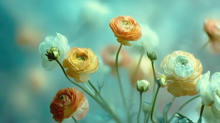 Blurred Watercolor Painting of Ranunculus Flowers in Soft Pastels with a Dreamy Background