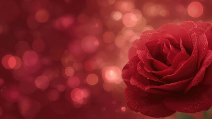 Large Vibrant Rose with Dew Drops Against a Shimmering Red Background for Stunning Visual Appeal